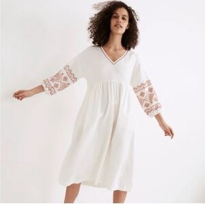 Madewell White Midi Dress with Rust Embroidered Sleeves